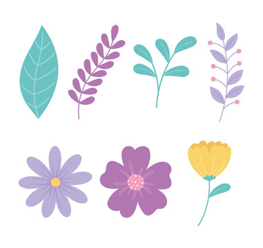 cartoon flowers branch leaves foliage nature decoration icons