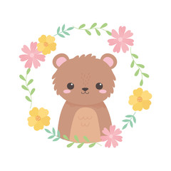 little cute bear wreath flowers foliage cartoon animal