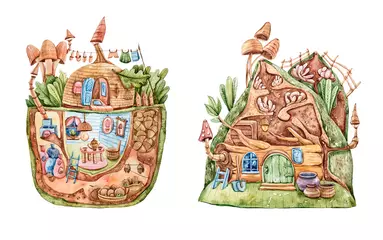 Papier Peint photo Maisons fantastiques Maison de conte de fées fantastique à l& 39 aquarelle, village de logement magique de dessin animé pour gnome ou elfe isolé sur fond blanc. Jolie cabane magique avec portes, fenêtres, meubles dans une forêt magnifique