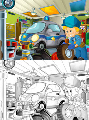 cartoon scene repairman in some garage working repairing car illustration