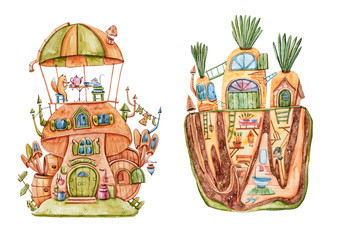 Aquarel fantasie sprookje huis, cartoon magische huisvesting dorp voor gnome of elf geïsoleerd op een witte achtergrond. Leuke magische boomhut met deuren, ramen, meubels in een prachtig bos