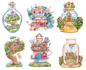 Aquarel fantasie sprookje huis, cartoon magische huisvesting dorp voor gnome of elf geïsoleerd op een witte achtergrond. Leuke magische boomhut met deuren, ramen, meubels in een prachtig bos