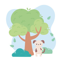 Obraz na płótnie Canvas cute dog tree grass cartoon animals in a natural landscape