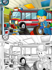 cartoon scene repairman in some garage working repairing car illustration