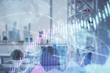 Double exposure of stock market graph drawing and office interior background. Concept of financial analysis.
