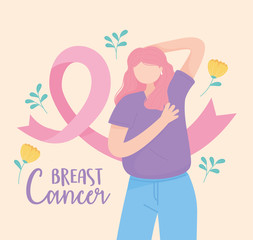 breast cancer awareness woman method palpation pink ribbon and flowers vector