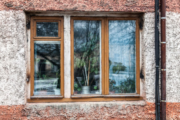 Shabby windows of old apartment buildings in St. Petersburg