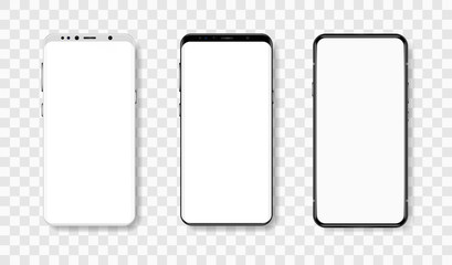 Frontal view of smartphones in realistic style with blank display. High level of detail. Vector mockup mobile phone with show product web site, ui app, online platform, shop. Mockup smartphone set