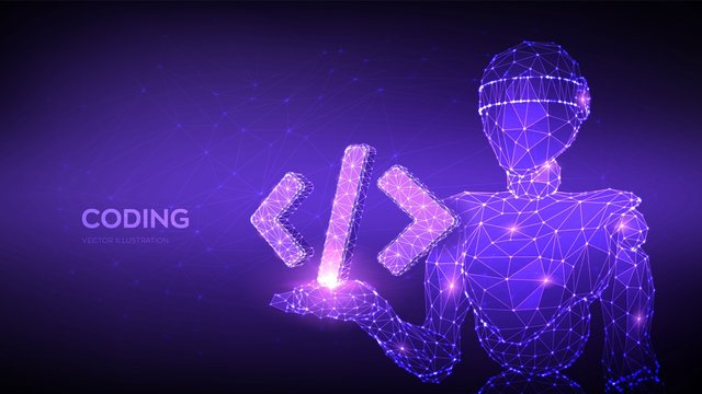 Programming code icon. Abstract 3d robot holding programming code symbol in hand. Coding or Hacker background. Automation software technology process system. Development concept. Vector Illustration.