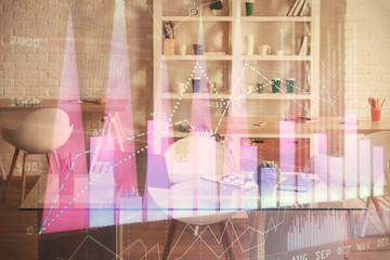 Double exposure of financial graph drawing and office interior background. Concept of stock market.