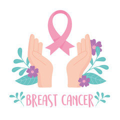 breast cancer awareness hands with ribbon and flowers floral vector design card