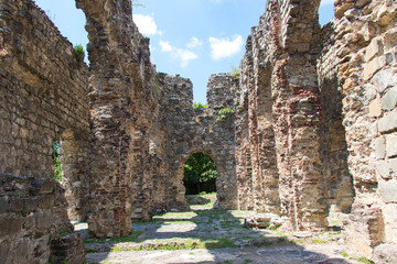 Fototapeta na wymiar Ruins of the old basilica in Caucasus. The Basilica of the Qum. Historic buildings in Azerbaijan