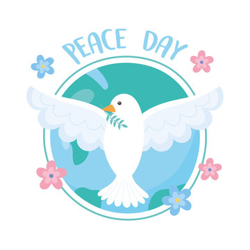 international peace day pigeon with branch in beak world flowers cartoon