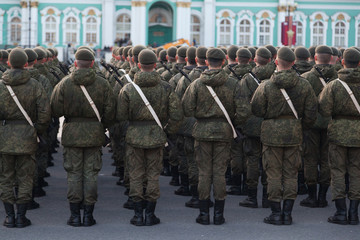 Russian soldiers before the Victory Day parade on Palace Square in St. Petersburg