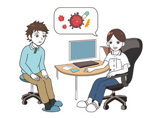 治験の話をする女性医師　不安な男性患者