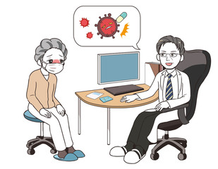 治験の話をするベテラン男性医師　発熱した年配女性患者