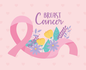 breast cancer awareness flowers and ribbon inspirational vector design