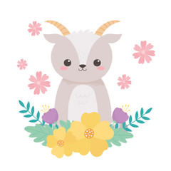 Obraz na płótnie Canvas little cute goat flowers leaves foliage cartoon animals