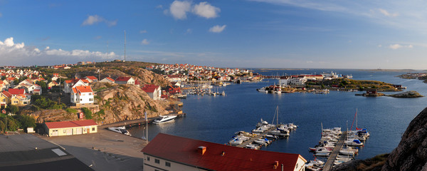 Panoramic View From Smogen Bridge To The Archipelago Around Smogen And Kungshamn On A Sunny Summer Day With Some Clouds In The Sky