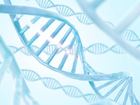 DNA structure. Abstract biotechnology background. Double helix. 3d illustration. Blue color.