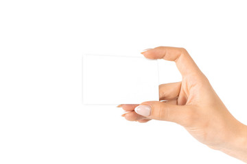 Obraz premium Business card hand. Hand holding blank business paper card isolated on white background. Empty template with clipping path.