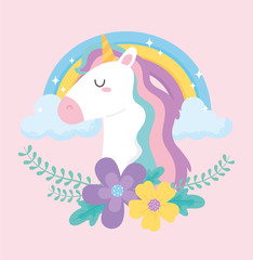 cute magical unicorn rainbow flowers clouds dream animal cartoon