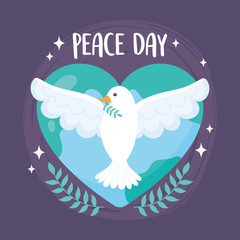 international peace day dove with branch world shaped heart