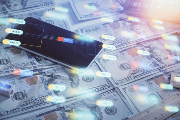 Double exposure of data theme drawing over us dollars bill background. Technology concept.