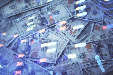Double exposure of data theme drawing over us dollars bill background. Technology concept.