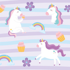 Fototapeta premium cute magical unicorns fantansy dream rainbow flowers cupcake animal cartoon background