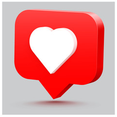 3d heart and talking bubble. 3d social media notification love like heart icon in red rounded square pin isolated on white background with shadow.