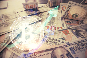Multi exposure of crypto theme drawing over us dollars bill background. Concept of blockchain success.