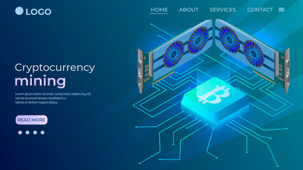 Cryptocurrency mining.The concept of cryptocurrency mining is the device of a mining farm.Using the blockchain.The template of the landing page.Isometric vector illustration.
