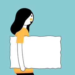 Young girl character with a white blank board, vector illustration for graphic design
