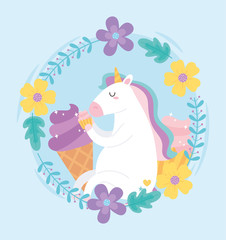 cute magical unicorn with cupcake ice cream wreath of flowers cartoon