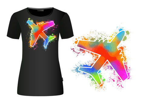 Air plane world travel icon concept design with colorful blots. T-shirt printing. Mixed media. Vector illustration