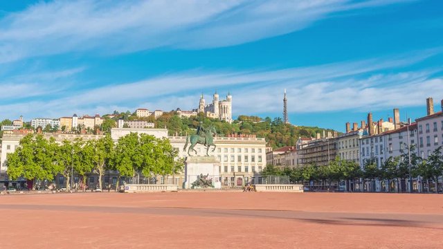 4k timelapse of sunrise at Place Bellecour with statue of King Louis XIV, Lyon, France,the main place in Lyon city center. Together with its suburbs Lyon forms the 2nd-largest metropolitan in France