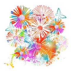 A multi-colored flowering abstraction with butterflies for a postcard. Vector illustration