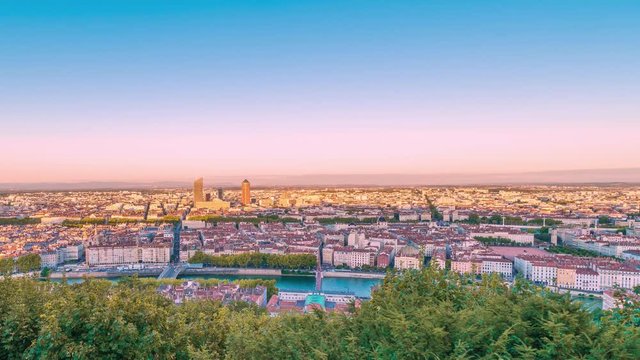 4k timelapse of aerial view to the skyline of Lyon, France.Together with its suburbs Lyon forms the 2nd-largest metropolitan in France.From Basilique Notre Dame de Fourviere to the city view, the mou
