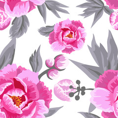 A seamless background with beautiful pink flowers. Peony buds. Vector illustration