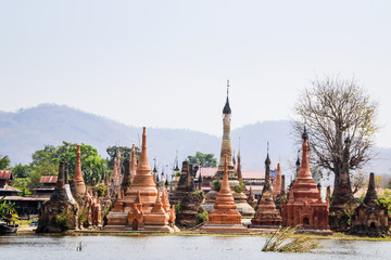 Beautiful ancient Buddhist temples, pagodas and stupas Inle lake Myanmar Burma