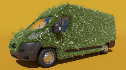 Delivery Van Covered with Grass and Daisies on Yellow Background 3D Rendering