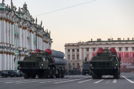 Russian artellery in smoke at the Victory Day parade on Palace Square in St. Petersburg