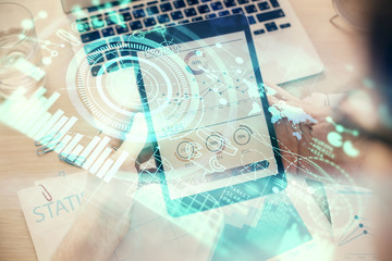 Double exposure of man's hands holding and using a phone and international business theme drawing.