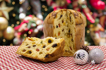 Fruit panettone, typical Christmas dessert. Christmas background.