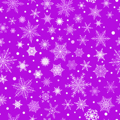 Christmas seamless pattern of various complex big and small snowflakes, white on purple background