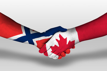 Handshake between canada and norway flags painted on hands, illustration with clipping path.