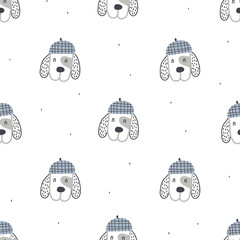 Seamless childish pattern with cute dog faces. Perfect for kids design, fabric, wrapping, wallpaper, textile, apparel. Creative nursery background.