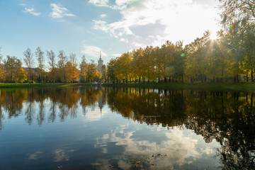 Obraz premium Autumn park landscape with bright trees