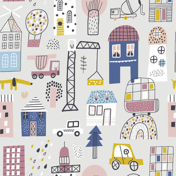 Childish seamless pattern with buildings, cars and trees. Creative vector background for fabric, textile, nursery wallpaper. Grey background.